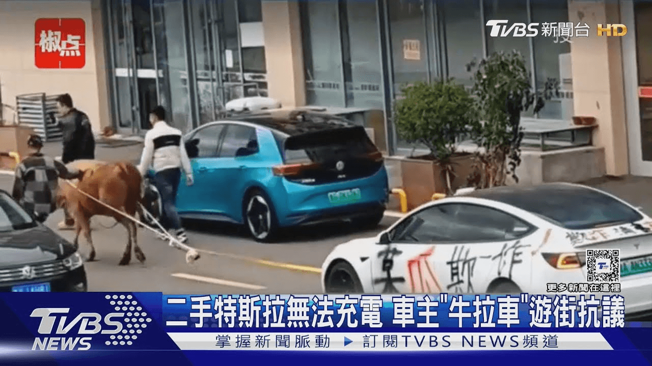 Власник Tesla у Китаї прив’язав корову до електрокара і провіз його через місто в знак протесту (Відео)